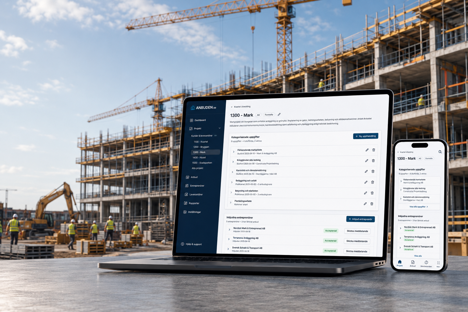 ANBUDEN.se dashboard i laptop och mobil med en byggarbetsplats i bakgrunden
